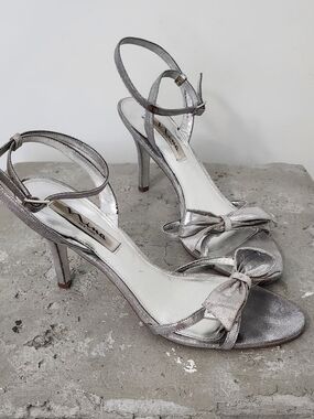 Nina Metallic Silver Bow Ankle-Strap Heels